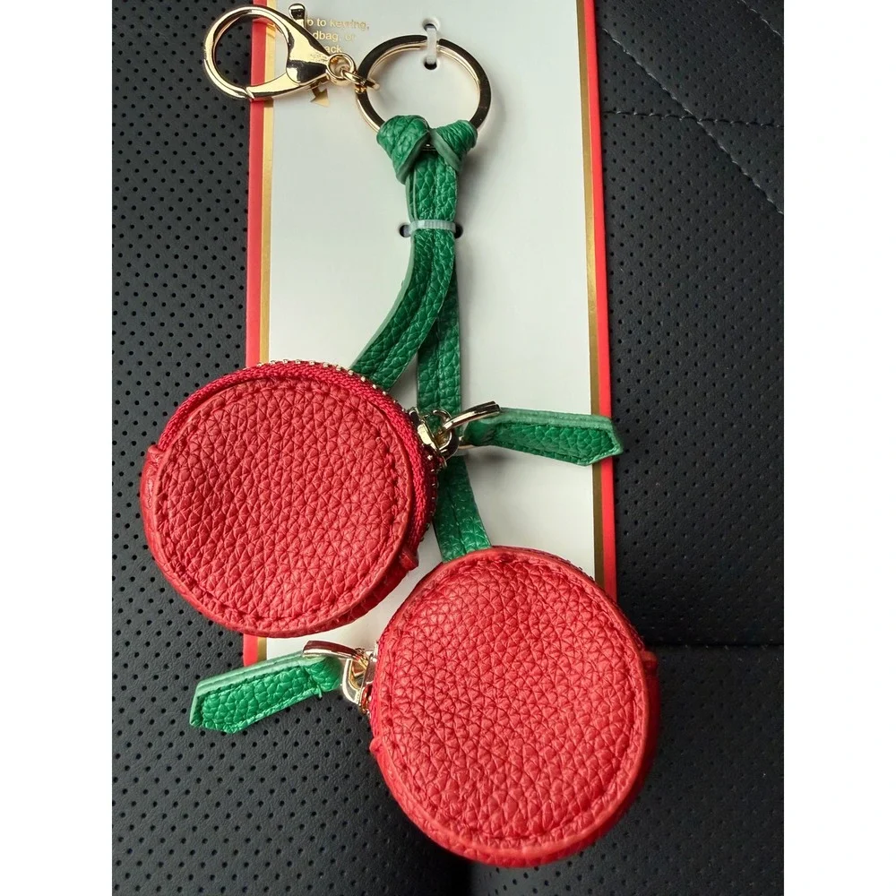 Piper K Cherry Bag Charm Key Chain Red Green Pebbled Faux Leather Zipper Pouches